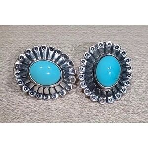 Sterling Silver Turquoise Stud Earrings Sunburst‎ Floral Design Navajo Southwest